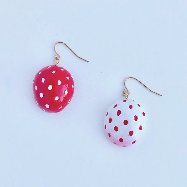 These deliciously cute red and white strawberry earrings are handmade with polymer clay, hand painted with acrylic paint, and coated with resin. Made to last! Give any outfit a sweet summery vibe with these adorable strawberry earrings.